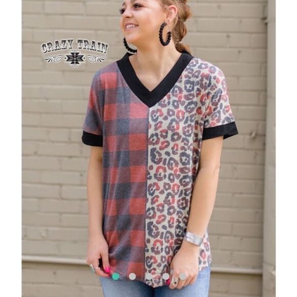 Crazy Train Plaid Leopard Two Print T-Shirt | M - Picture 1 of 4